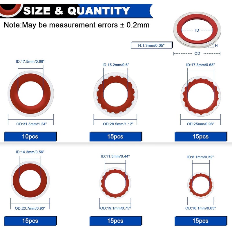 Daptemn 85PCS A/C O-Ring Assortment Kit, 6 Size Air Conditioning System Compressor Port Gasket Repairs Automotive Self-Centered Washer, Replace A/C Compressor Bonded Seal Washer (ID: 8mm-17.5mm) (Red) - Image 2